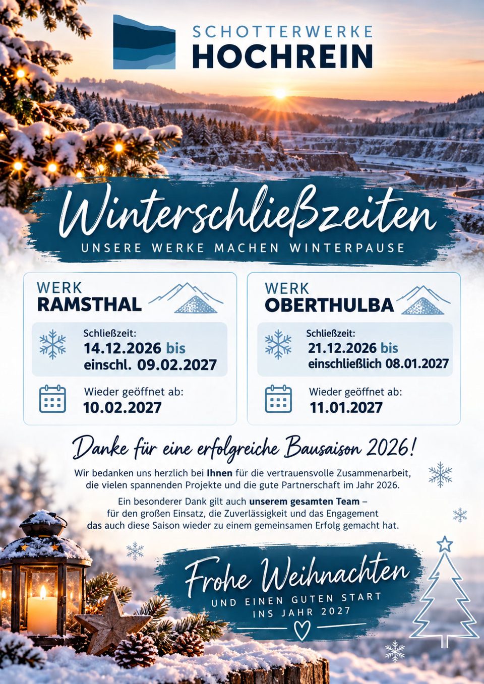 Plakat: Winterschließzeiten 2026/2027 – Werk Ramsthal 14.12.2026 bis 09.02.2027, Werk Oberthulba 21.12.2026 bis 08.01.2027